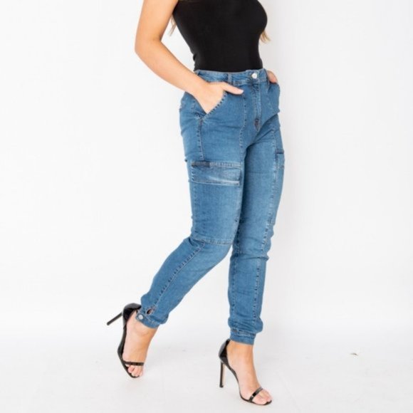 Blue High Waist Denim Jeans Cargo Utility Joggers Jogger Pants - Picture 11 of 11